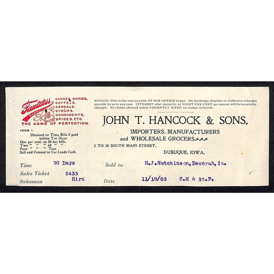 John T Hancock & Sons Dubuque Grocers Hutchinson Decorah* 1/18 1903 Cut Billhead