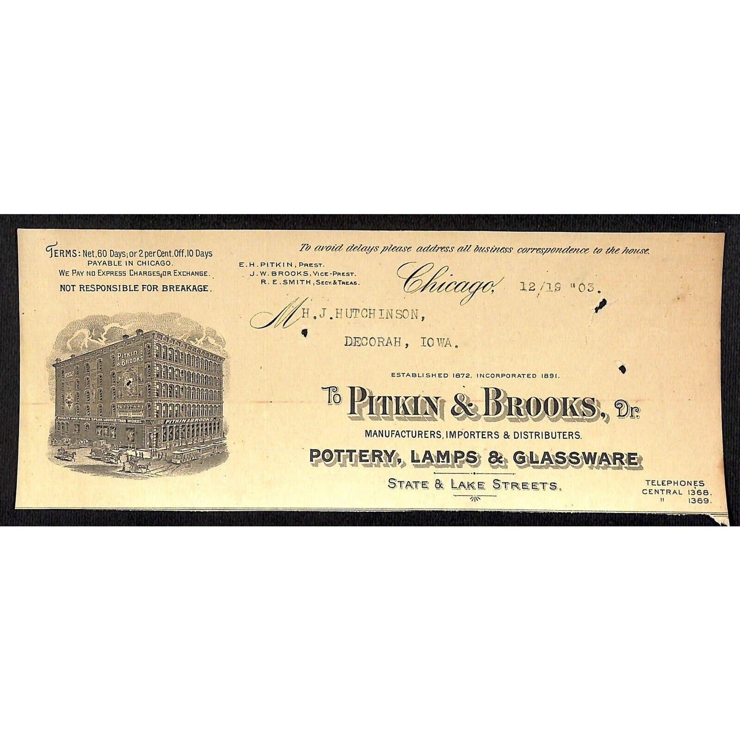 Pitkin & Brooks Chicago Glassware Hutchinson Decorah* 12/19 1903 Cut Billhead