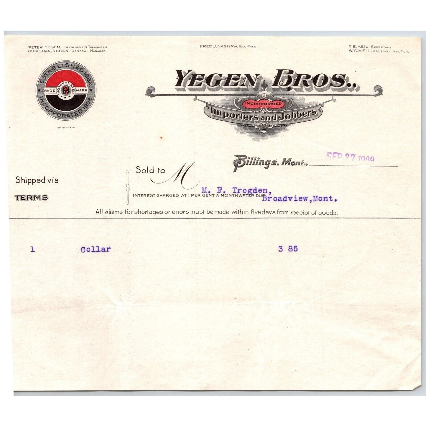 Billings, MT Yegen Bros.* Importers Jobbers Sept. 1909 Billhead Scarce