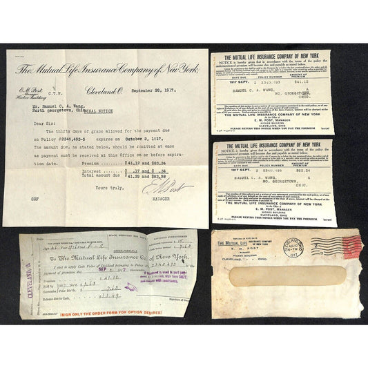 Group of 5 Samuel Wang Co* N. Georgetown 1917 Mutual Life Ins of NY w/ Billhead