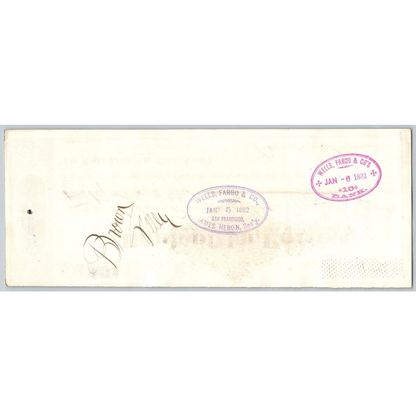 Bank of La Porte Check Wells Fargo 1881 Mining Vignette RN-G1 Rev Stamp #9485