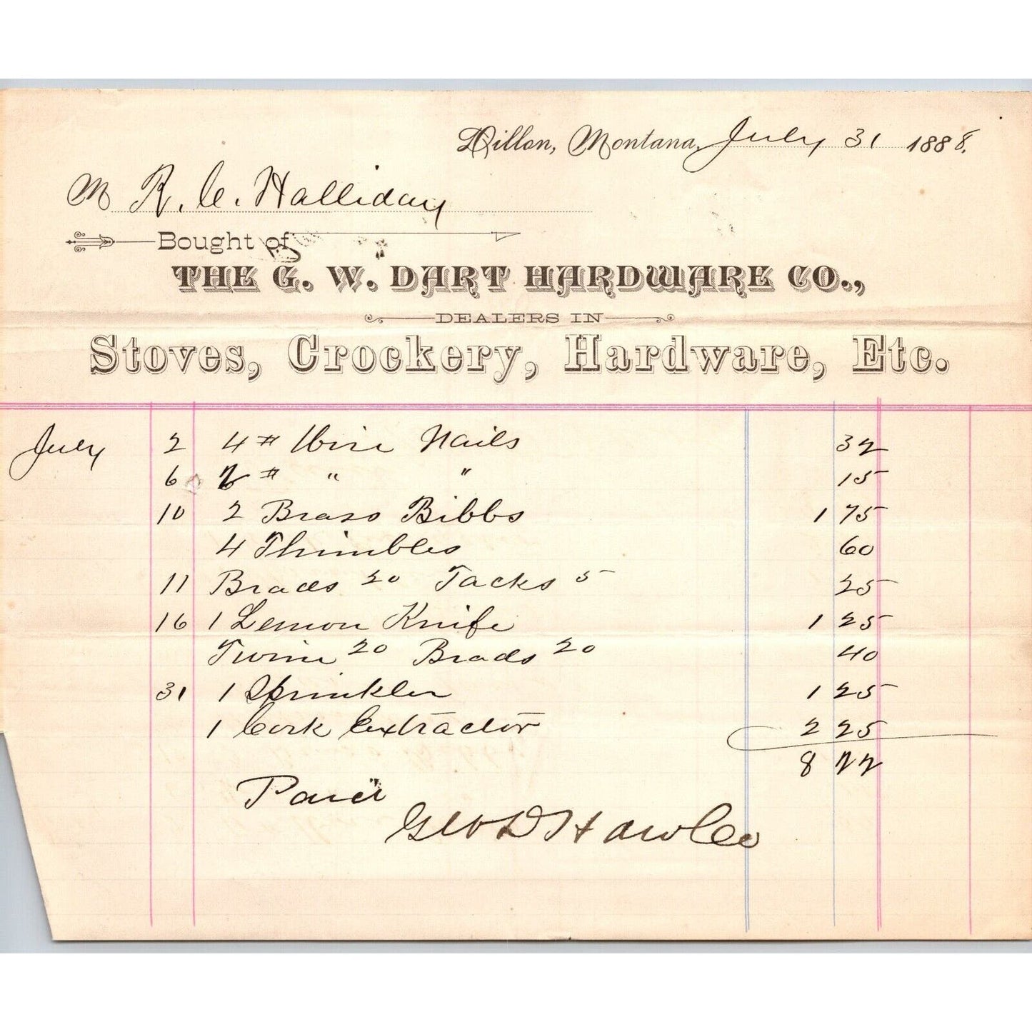 Dillon MT G.W. Dart Hardware Co. 1888 Billhead Crockery Stoves R.C. Halliday*