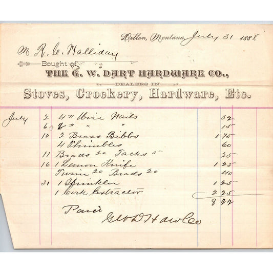 Dillon MT G.W. Dart Hardware Co. 1888 Billhead Crockery Stoves R.C. Halliday*