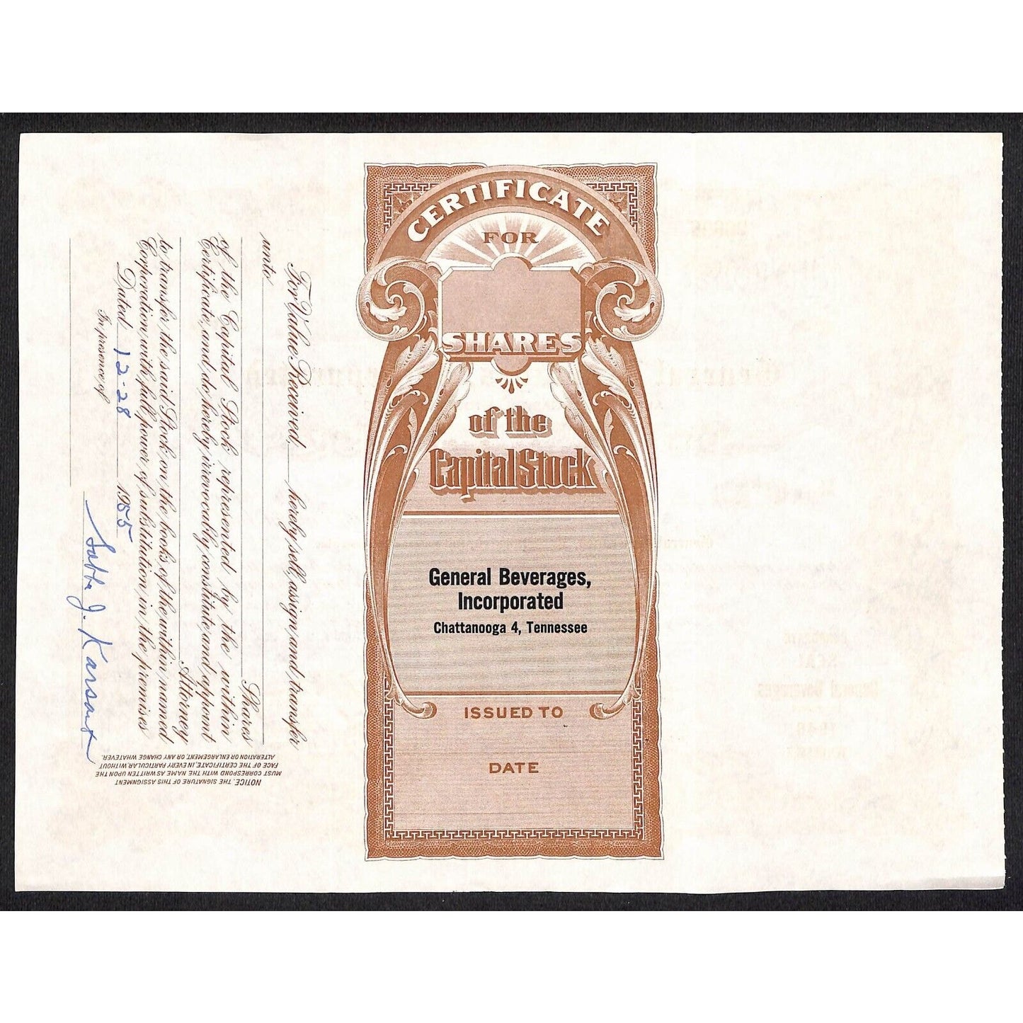 General Beverages, Inc.* Tennessee 1954 Stock Certificate Sabba J. Karsant