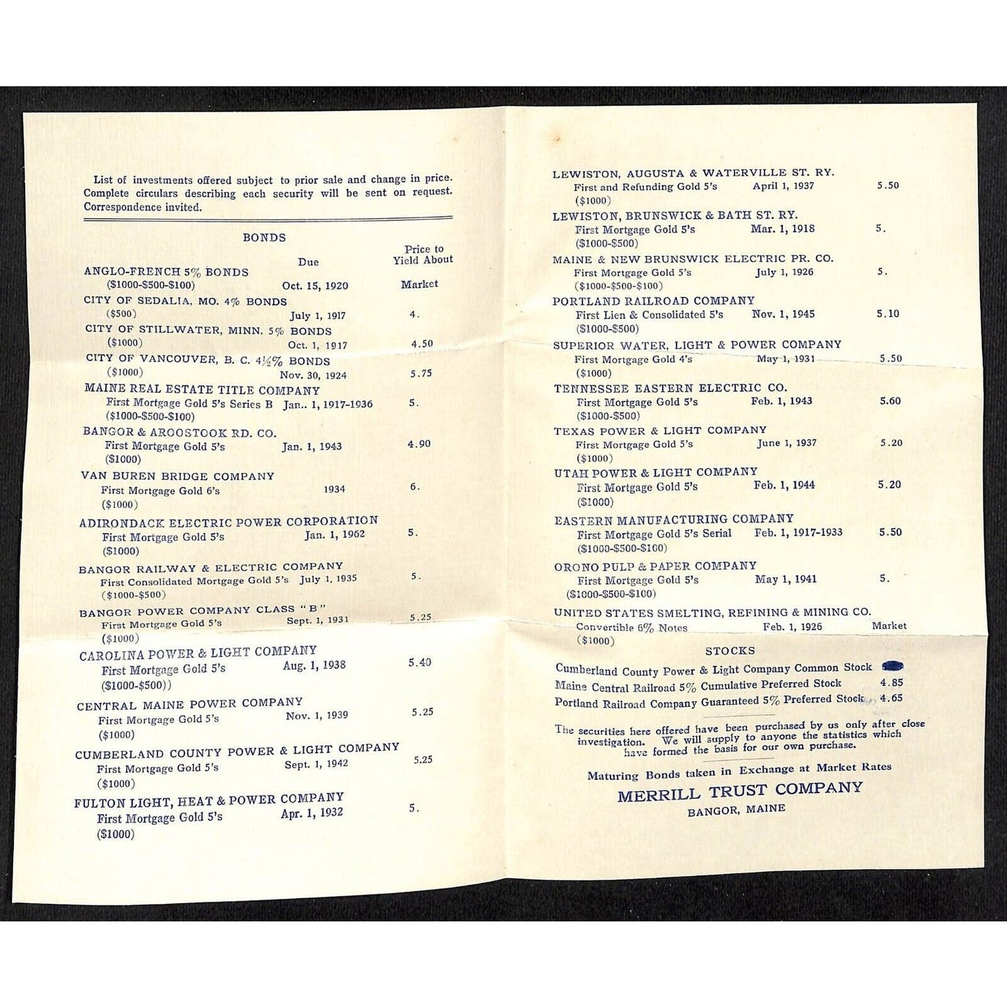 Bangor, ME Merrill Trust Co. 1916 List of Securities Sheet & Cover Knowlton*