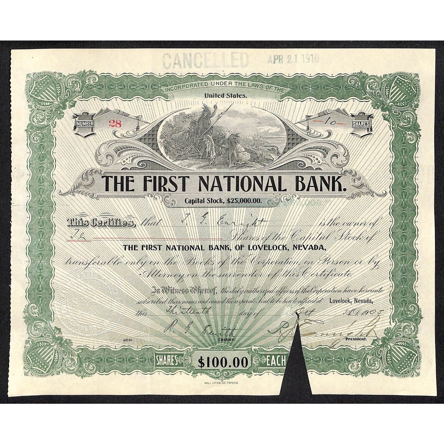 First National Bank of Lovelock, NV 1905 Stock Certificate to P.J Enright *
