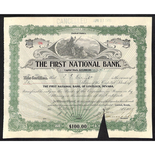 First National Bank of Lovelock, NV 1905 Stock Certificate to P.J Enright *