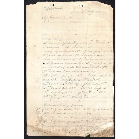 1879 ALS Greenhood, Bohm & Co* re: Long List of Goods and Prices