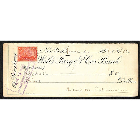 1899 Wells Fargo & Co Bank 63 Broadway NYC Check #19 Rev Stamp "Myself"