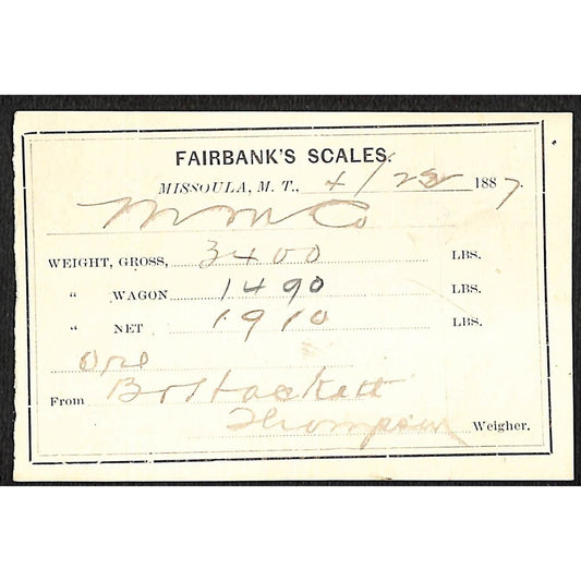 1887 Missoula Montana Territory Fairbank's Scales Mining Ore Weight Receipt (#10