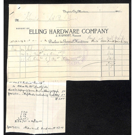 Elling Hardware Co. (Henry Elling*) / Virginia City Water 1912 Billheads