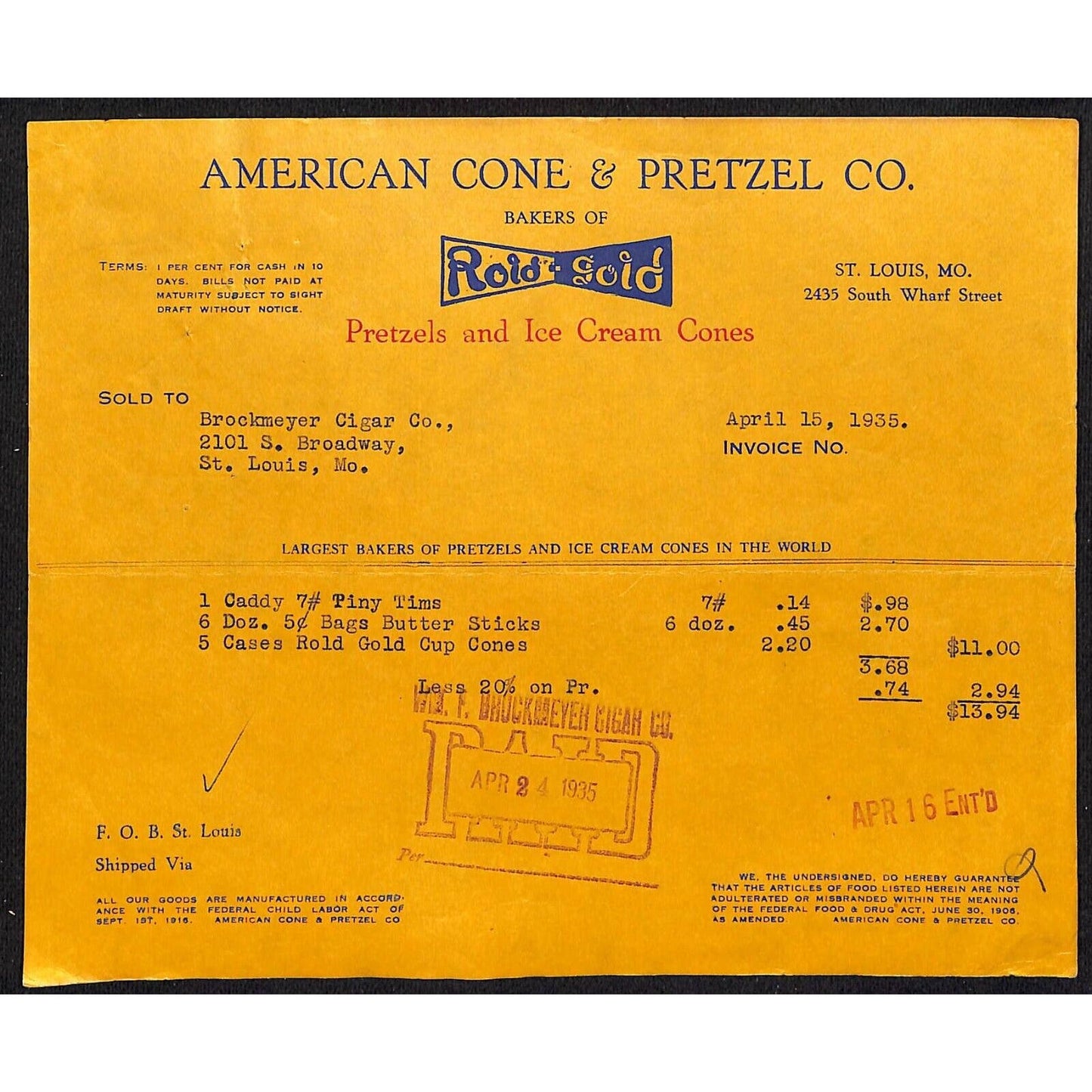 St. Louis, MO American Cone & Pretzel Rold Gold 4/15 1935 Billhead
