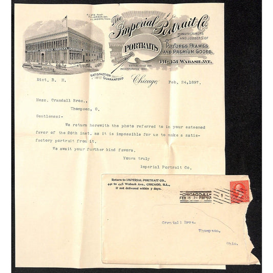 Imperial Portrait Co. Chicago 1897 Letterhead & Cover re: Returned Photo