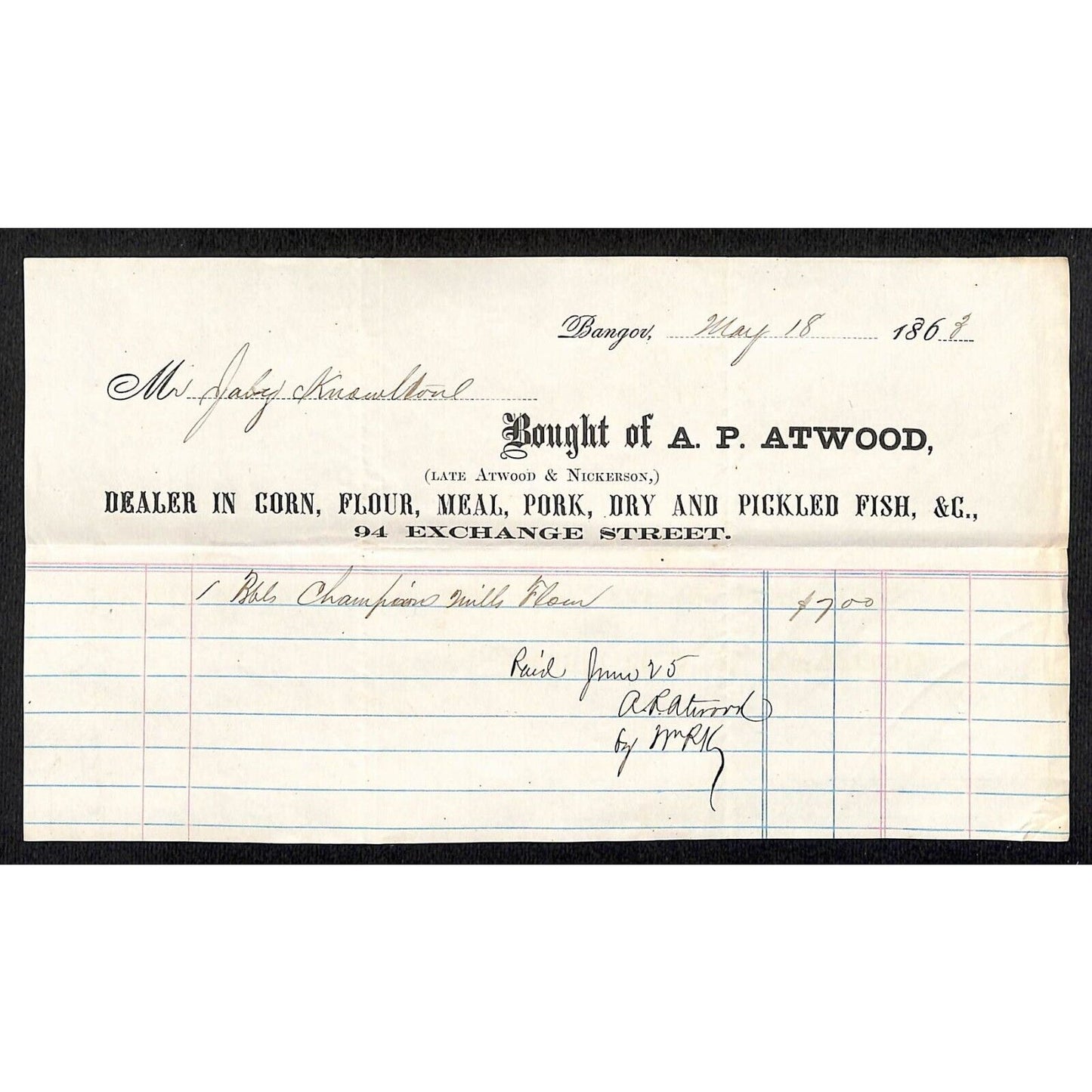 1863 Jabez Knowlton* Newburgh ME A.P. Atwood Bangor Bbl. Champion Flour Billhead