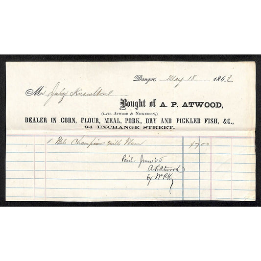 1863 Jabez Knowlton* Newburgh ME A.P. Atwood Bangor Bbl. Champion Flour Billhead