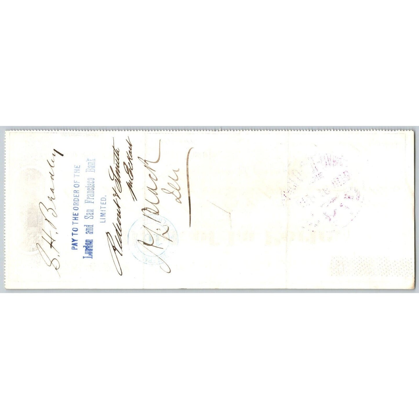 Bank of La Porte Check S.H. Bradley 1878 Mining Vignette RN-G1 Rev Stamp 4450