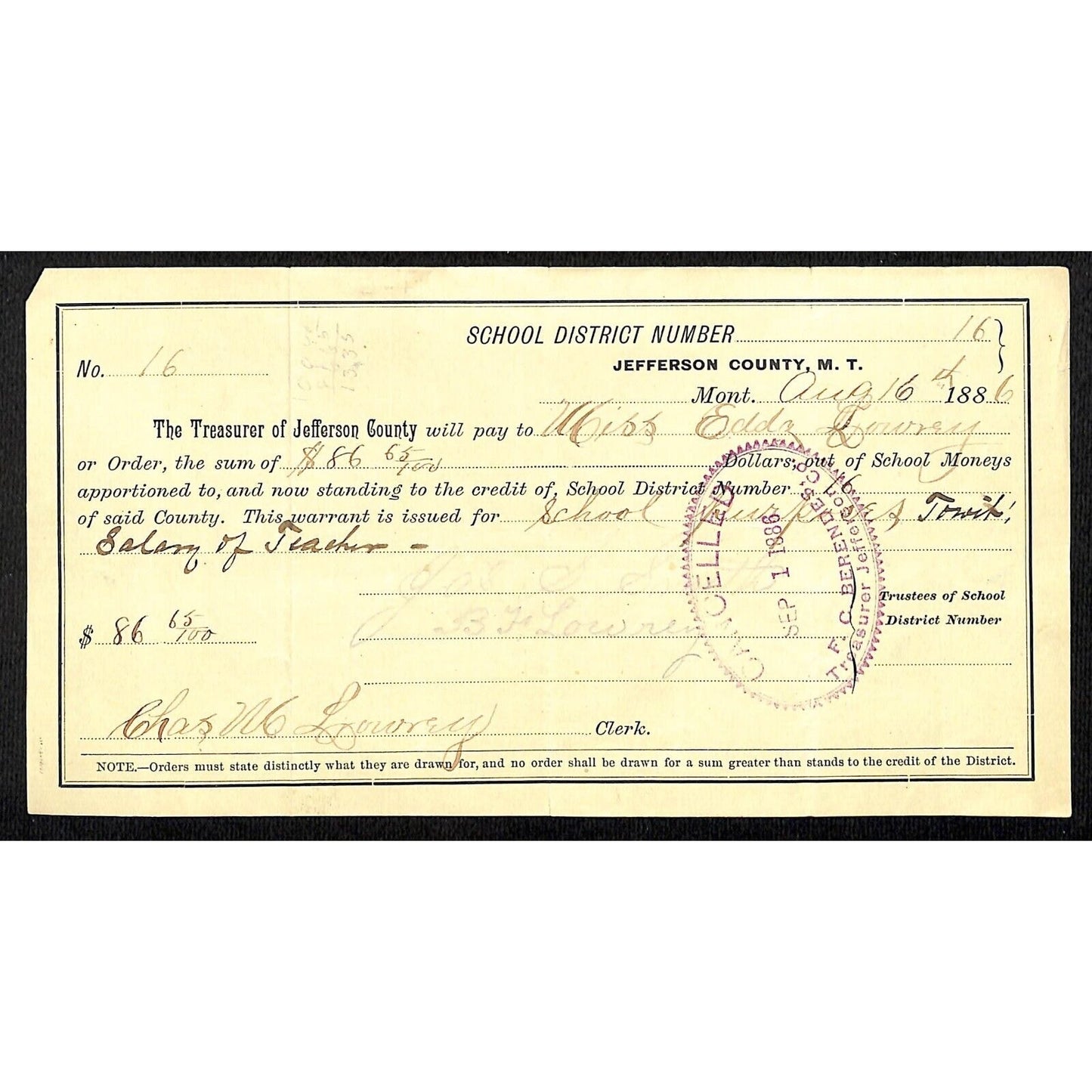1886 Jefferson County Montana Territory School Warrant for "Salary of Teacher"