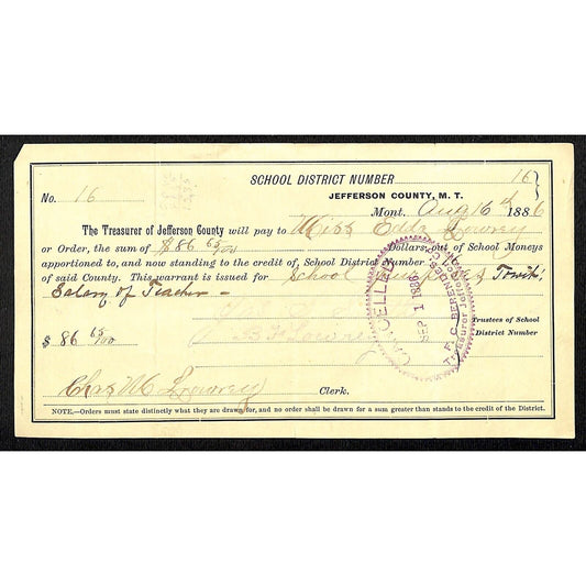 1886 Jefferson County Montana Territory School Warrant for "Salary of Teacher"