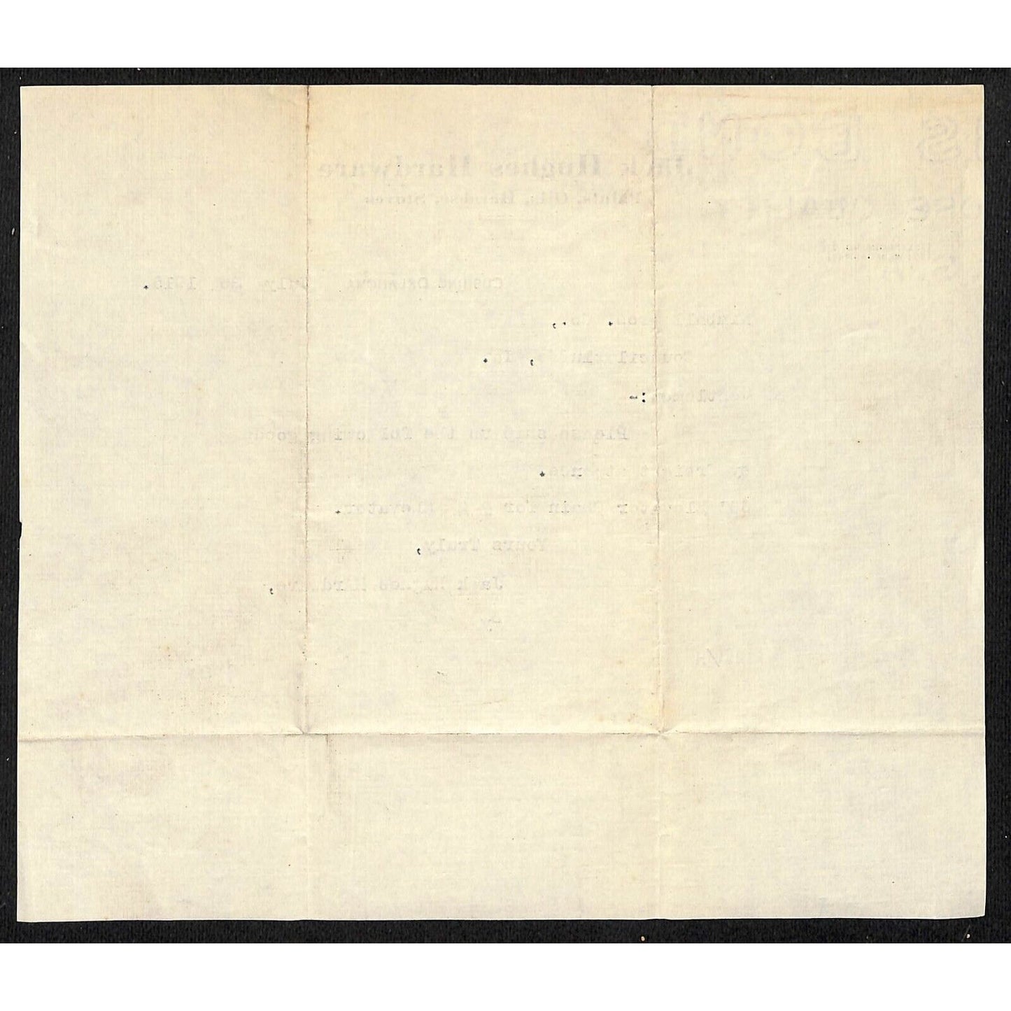 1915 Jack Hughes Hardware Cushing, OK / Kimball Bros. (Elevators) Letterhead