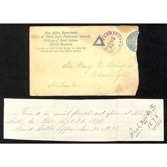1878 Post Office Department Division of Dead Letters "Found in Mail Pouch" Note