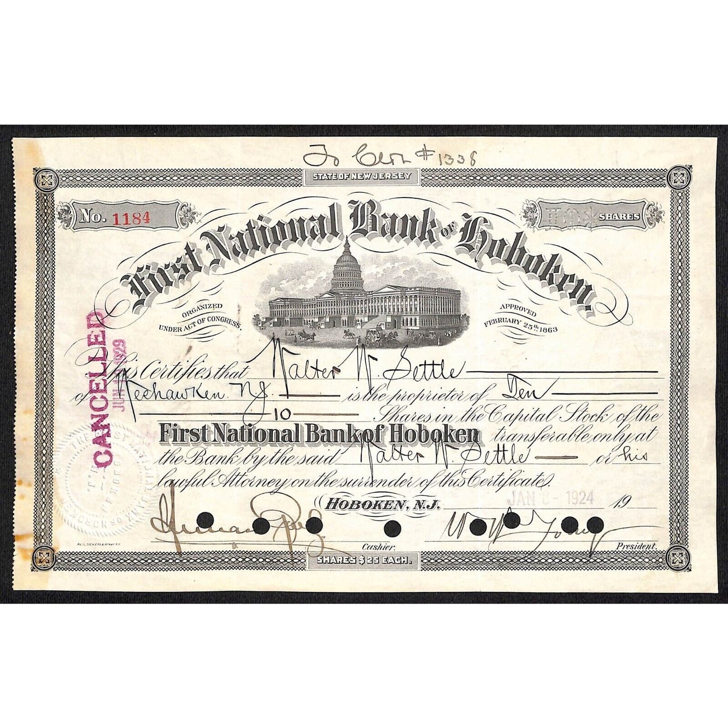 First National Bank of Hoboken NJ 1924 Stock Certificate Walter W. Settle