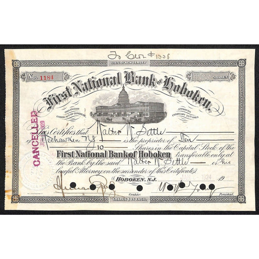 First National Bank of Hoboken NJ 1924 Stock Certificate Walter W. Settle