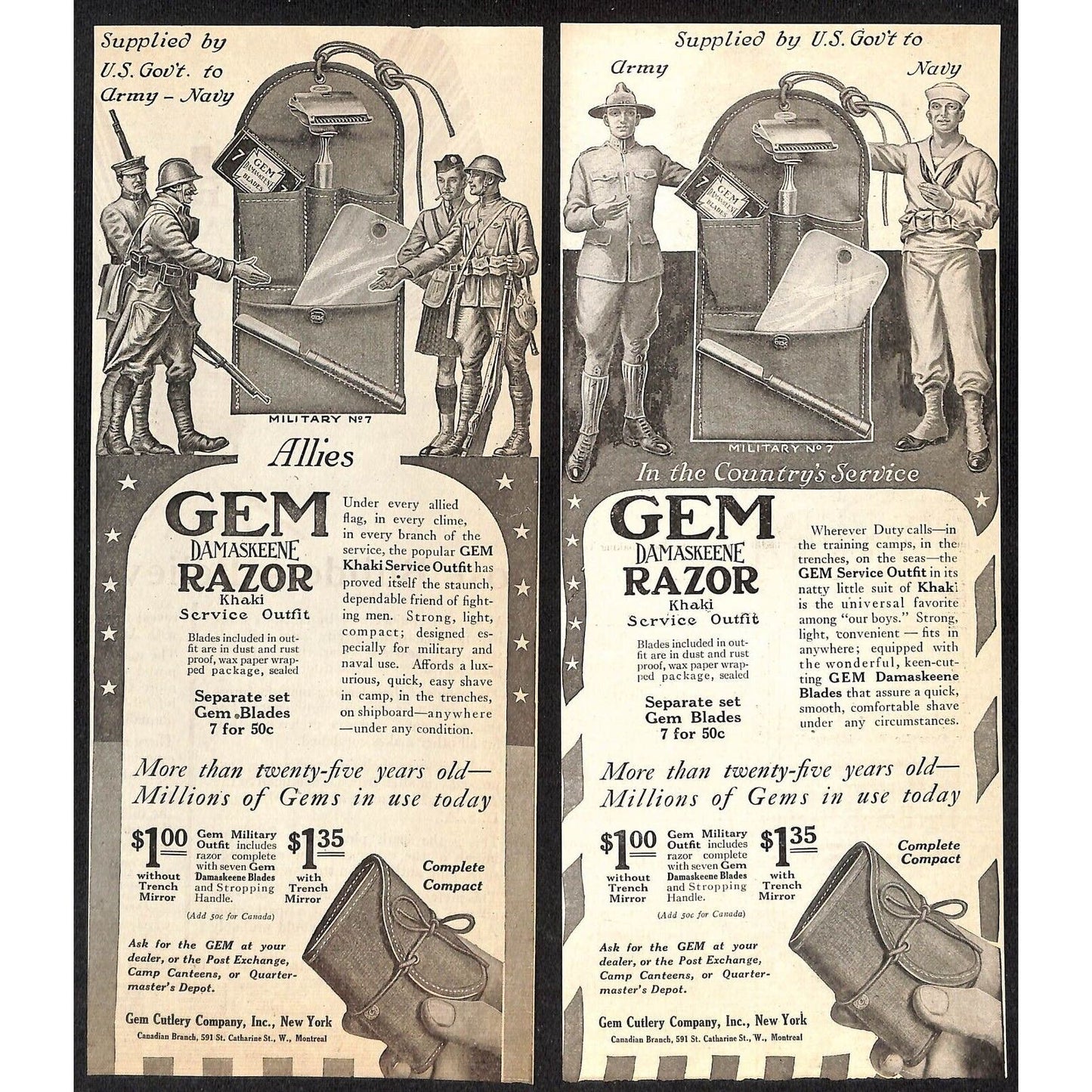 GEM Razor Blades Shaving Damaskeene Group of 22 WWI Era Magazine Ads