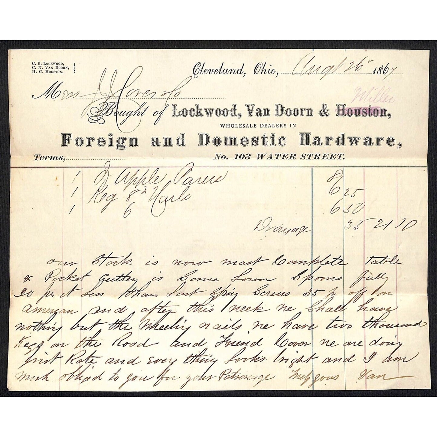 Lockwood, Van Doorn & Houston Hardware Cleveland 1867 Billhead - J.J. Cover*