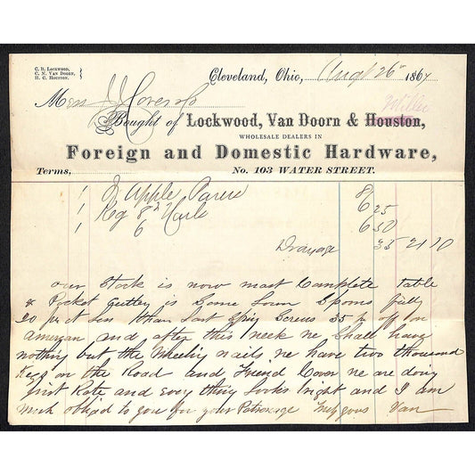 Lockwood, Van Doorn & Houston Hardware Cleveland 1867 Billhead - J.J. Cover*