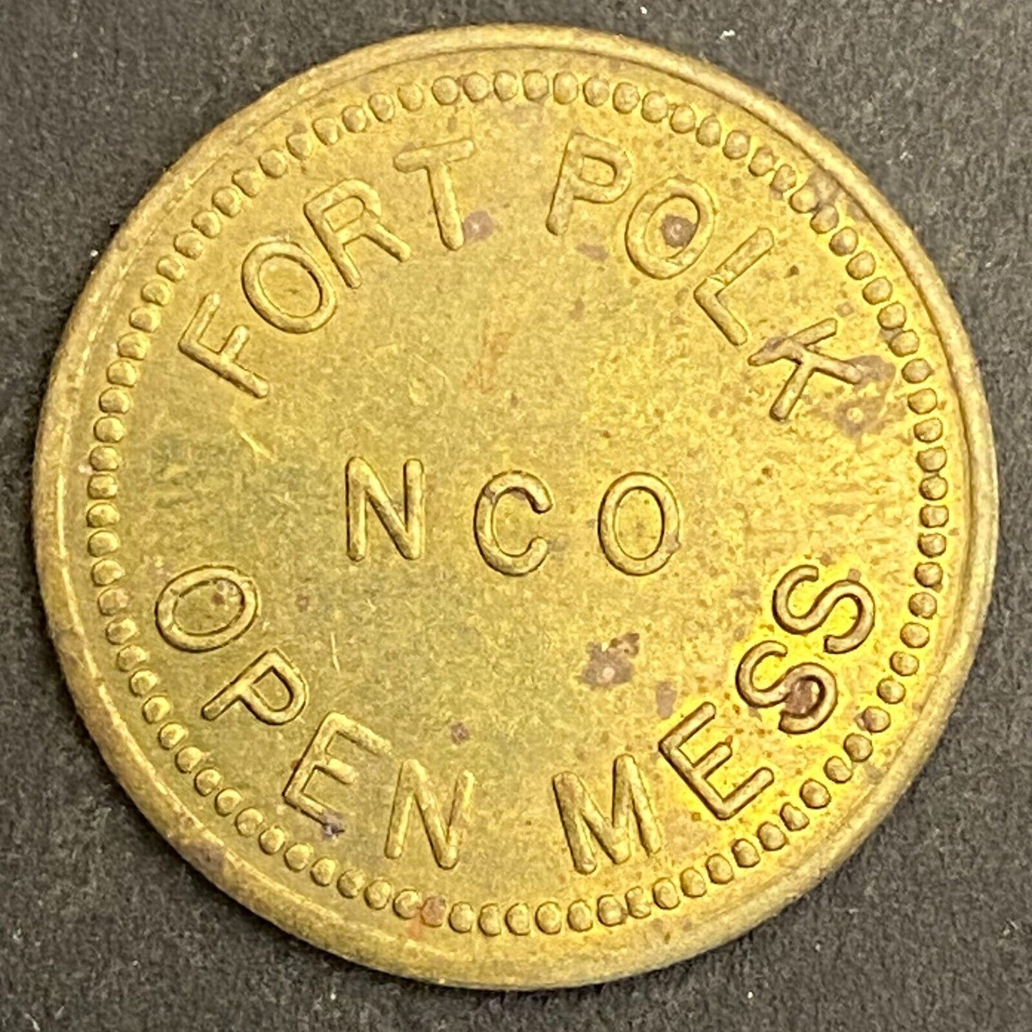Fort Polk NCO Open Mess G/F 5¢ in Trade Token Brass Louisiana 22mm