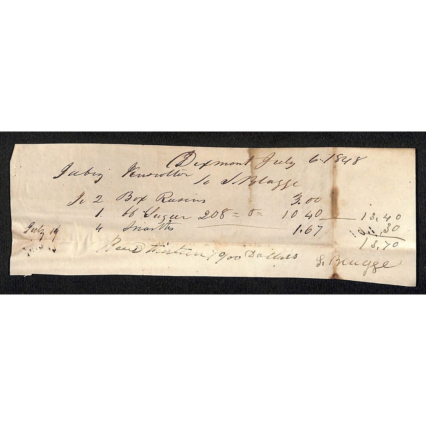 1848 Jabez Knowlton* Newburgh, ME General Store Receipt for Raisins, Sugar & ?