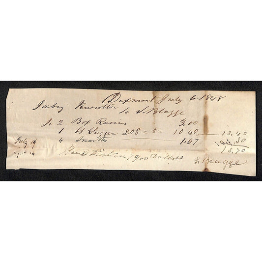 1848 Jabez Knowlton* Newburgh, ME General Store Receipt for Raisins, Sugar & ?