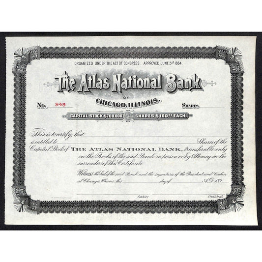 Atlas National Bank Chicago 1890's 189x Stock Certificate Unissued #949