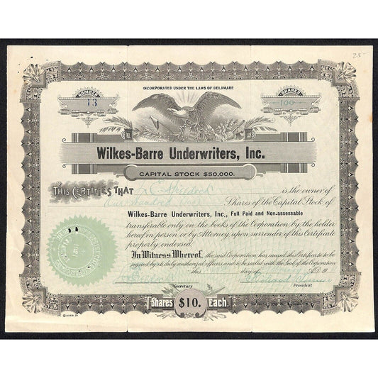 Wilkes-Barre Underwriters, Inc. 1921 Stock Certificate to L.E. Spieldock