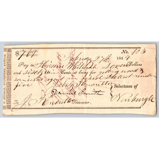 1844 Jabez Knowlton* Newburgh ME Town Check Getting Wood..for School District