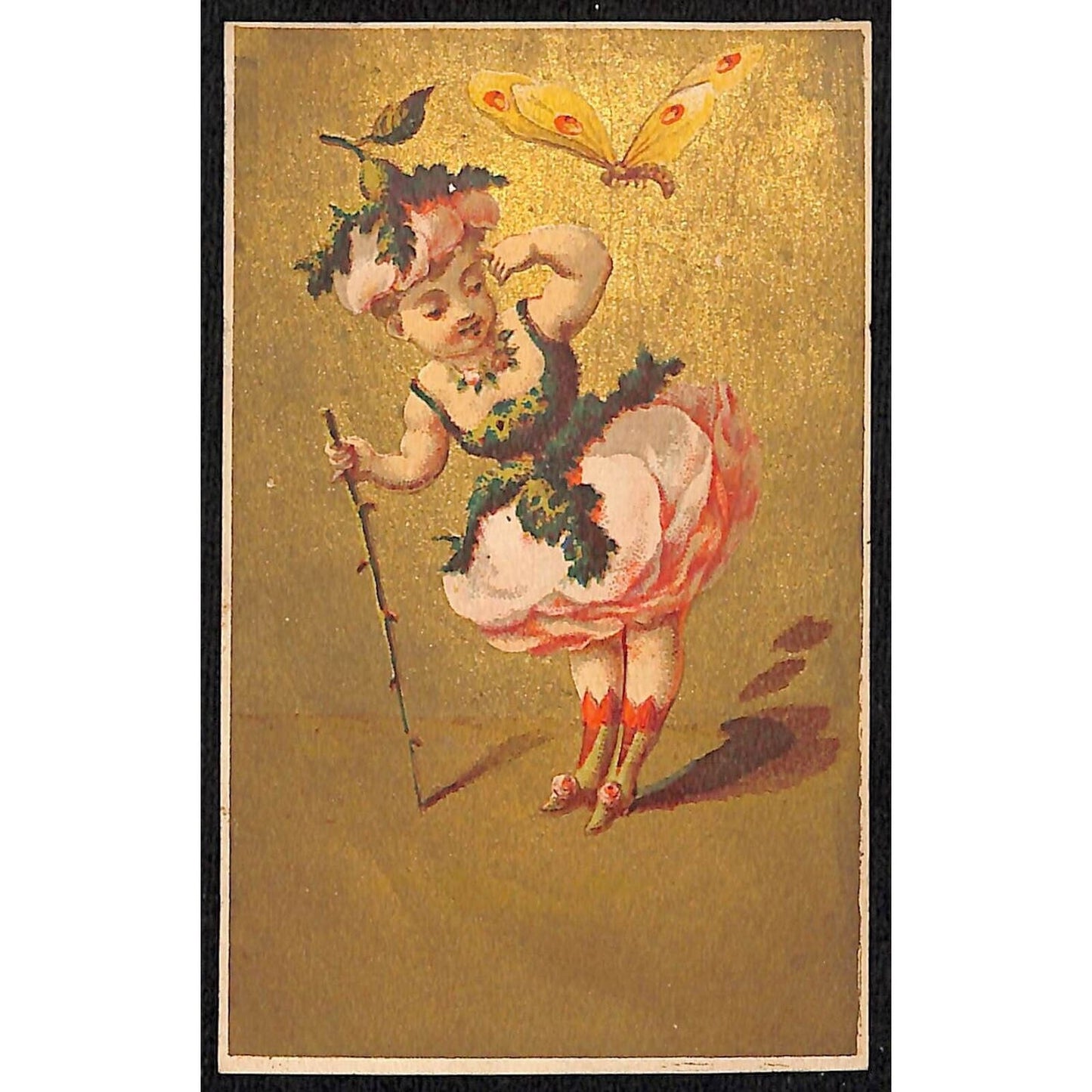 Blank Victorian Trade Card Girl in Fancy Rose Dress w/ Butterfly