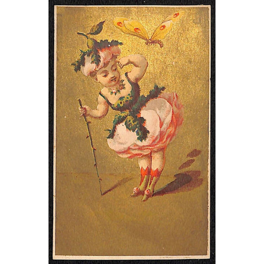 Blank Victorian Trade Card Girl in Fancy Rose Dress w/ Butterfly
