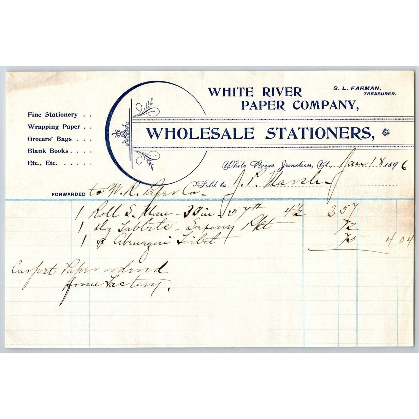 White River Paper Co. White River Junction, VT 1896 Billhead Scarce VGC