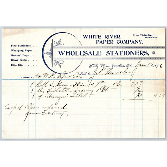 White River Paper Co. White River Junction, VT 1896 Billhead Scarce VGC