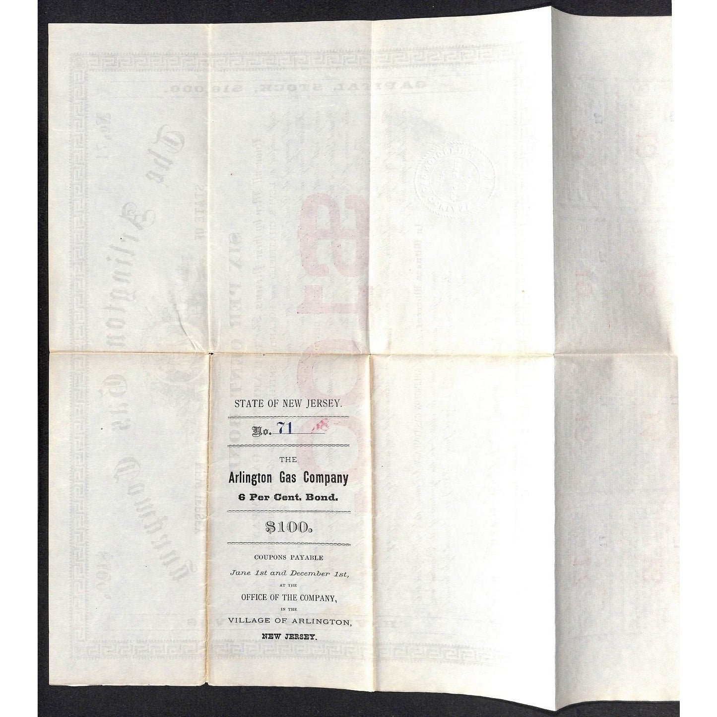 Arlington Gas Company New Jersey 1880 $100 Bond Certificate Scarce VGC