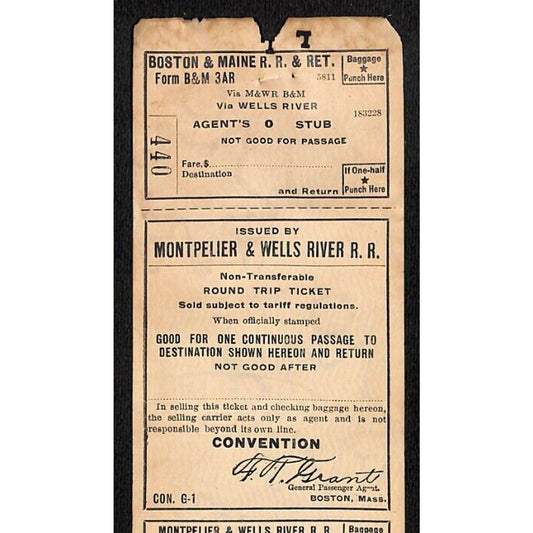 Montpelier and Wells River Railroad Unused "Convention" Ticket Scarce c1941 #440