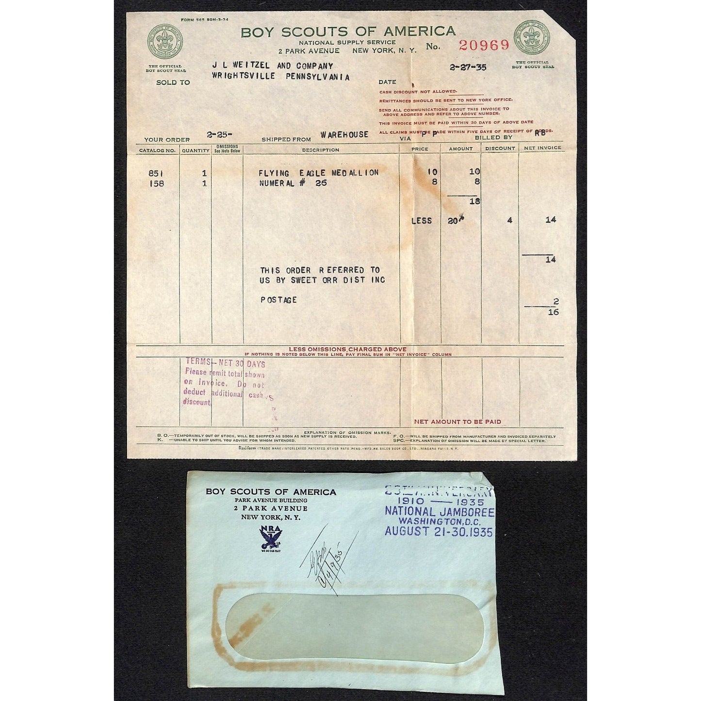 Boy Scouts of America 2 Park Ave NYC / Weitzel 1935 Billhead + Cover NRA