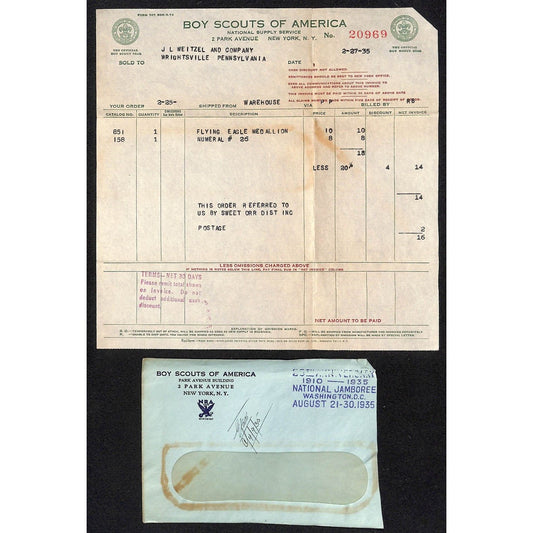 Boy Scouts of America 2 Park Ave NYC / Weitzel 1935 Billhead + Cover NRA