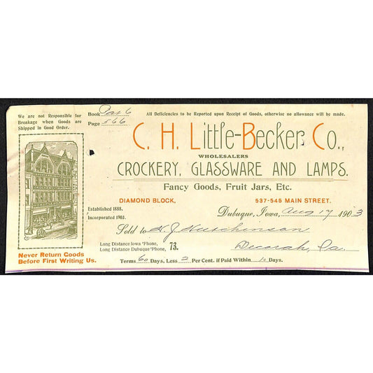 C.H. Little-Becker Co Dubuque, IA HJ Hutchinson Decorah, IA* Cut 1903 Billhead