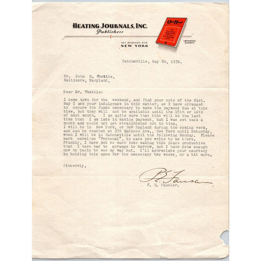 167 Madison Ave, NYC "Heating Journals, Inc." 1936 Letterhead