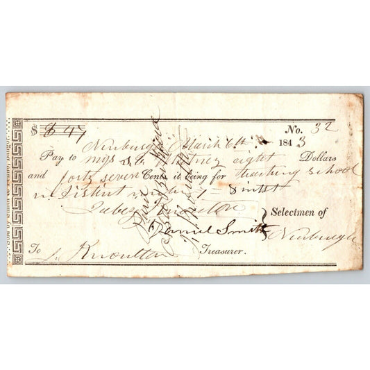 1843 Jabez Knowlton* Newburgh ME Town Check to Miss. S.E. Martinez ?