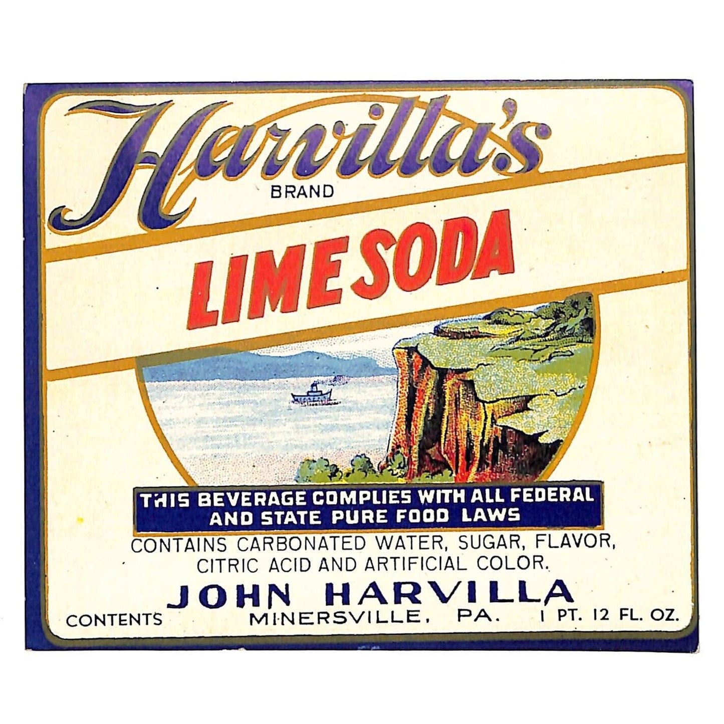 Harvilla's Lime Soda Label John Harvilla Minersville, PA c1937-40's Cliffs Sea