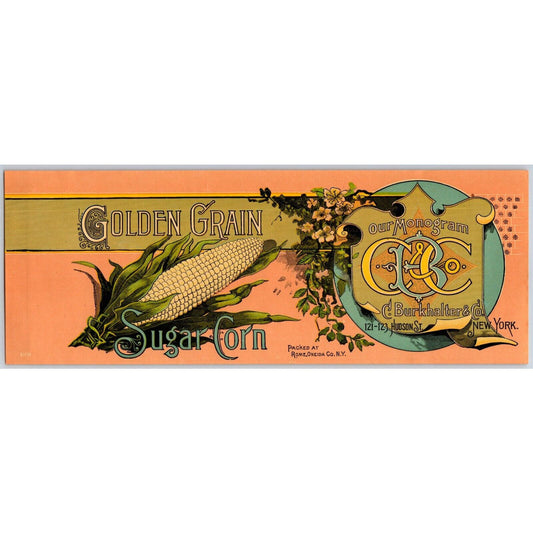Golden Grain Sugar Corn Paper Can Label Burkhalter & Co. Hudson St NYC c1892