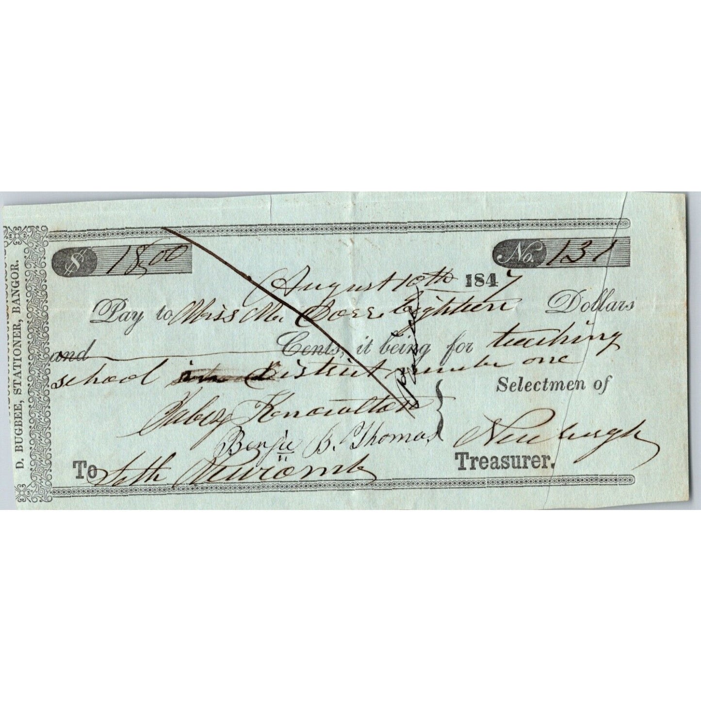 1847 Jabez Knowlton* Newburgh ME Town Check for Teaching School in District One