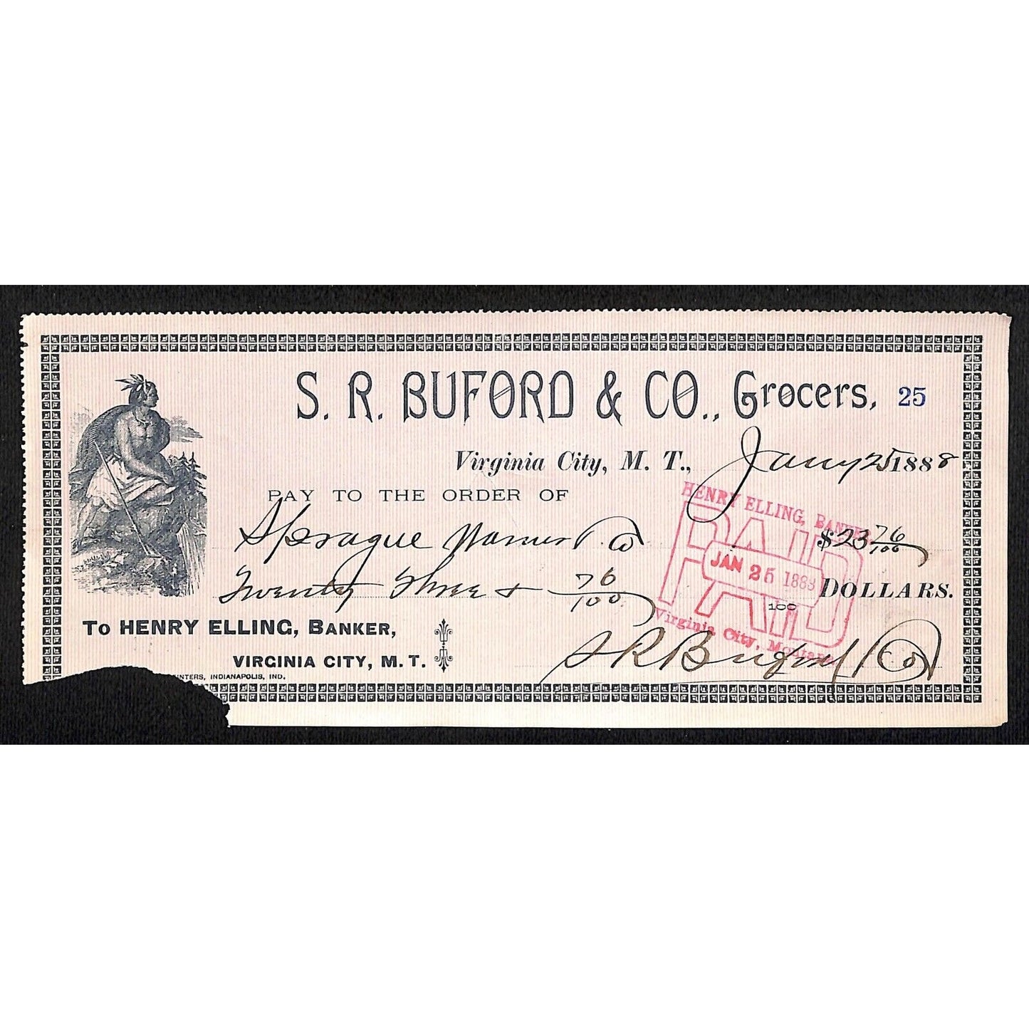 1888 Henry Elling Virginia City Montana Territory S.R. Buford Grocers Check #25